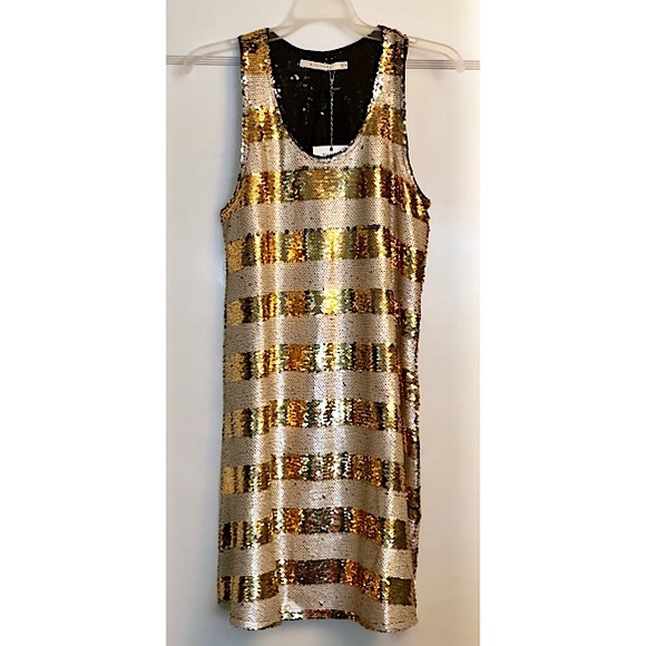 NWT Ellison Ivory and Gold Sequin Shift Cocktail Dress, Sz. M - Picture 3 of 4
